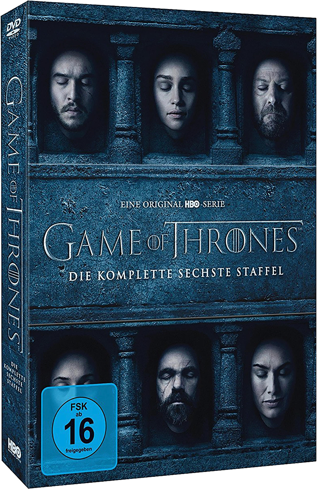 DVD-Box-Set von Game of Thrones mit Gesichtern in einer Steinstruktur.