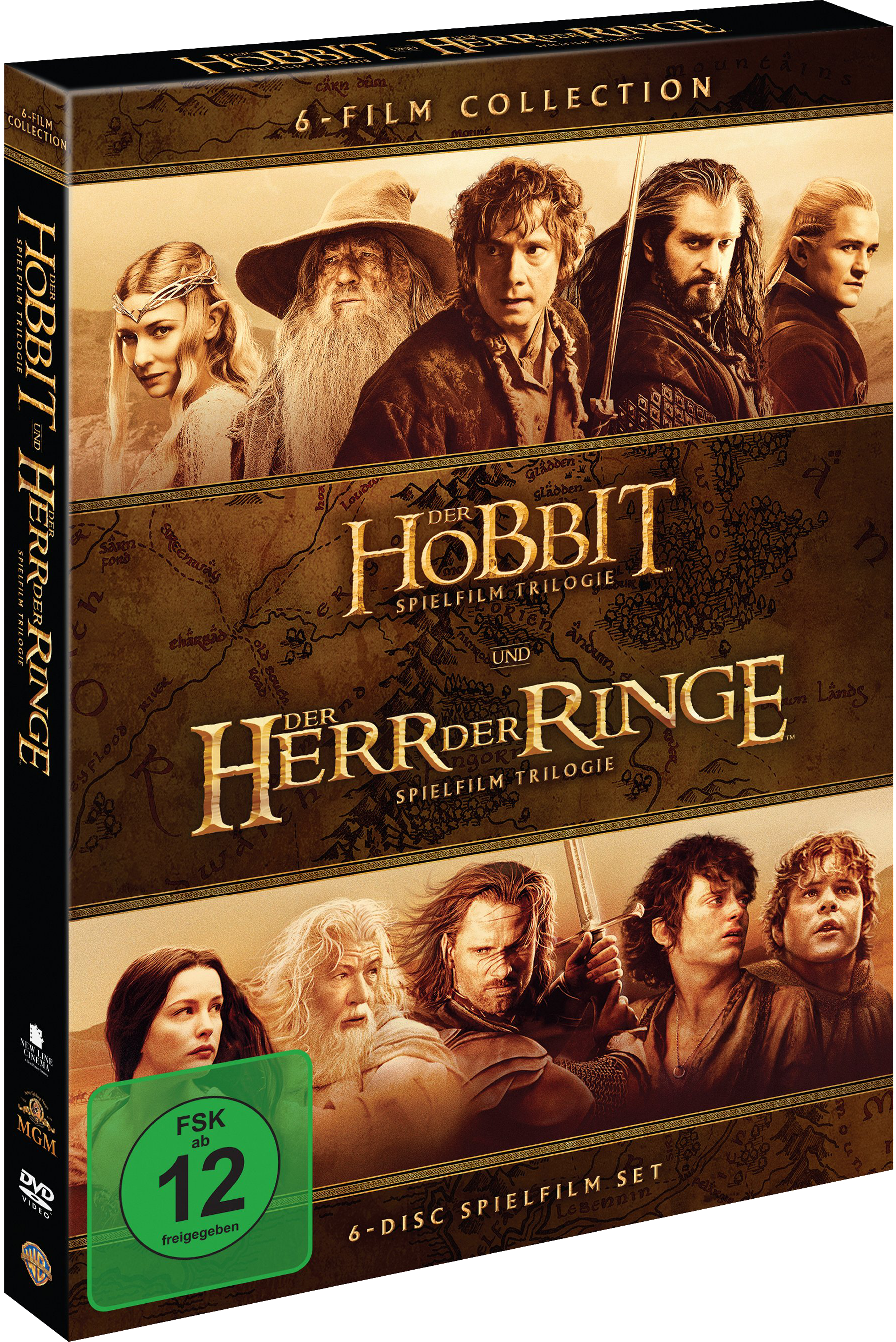 DVD-Box-Set mit Herr der Ringe und Hobbit-Filmen, mit Charakterbildern.