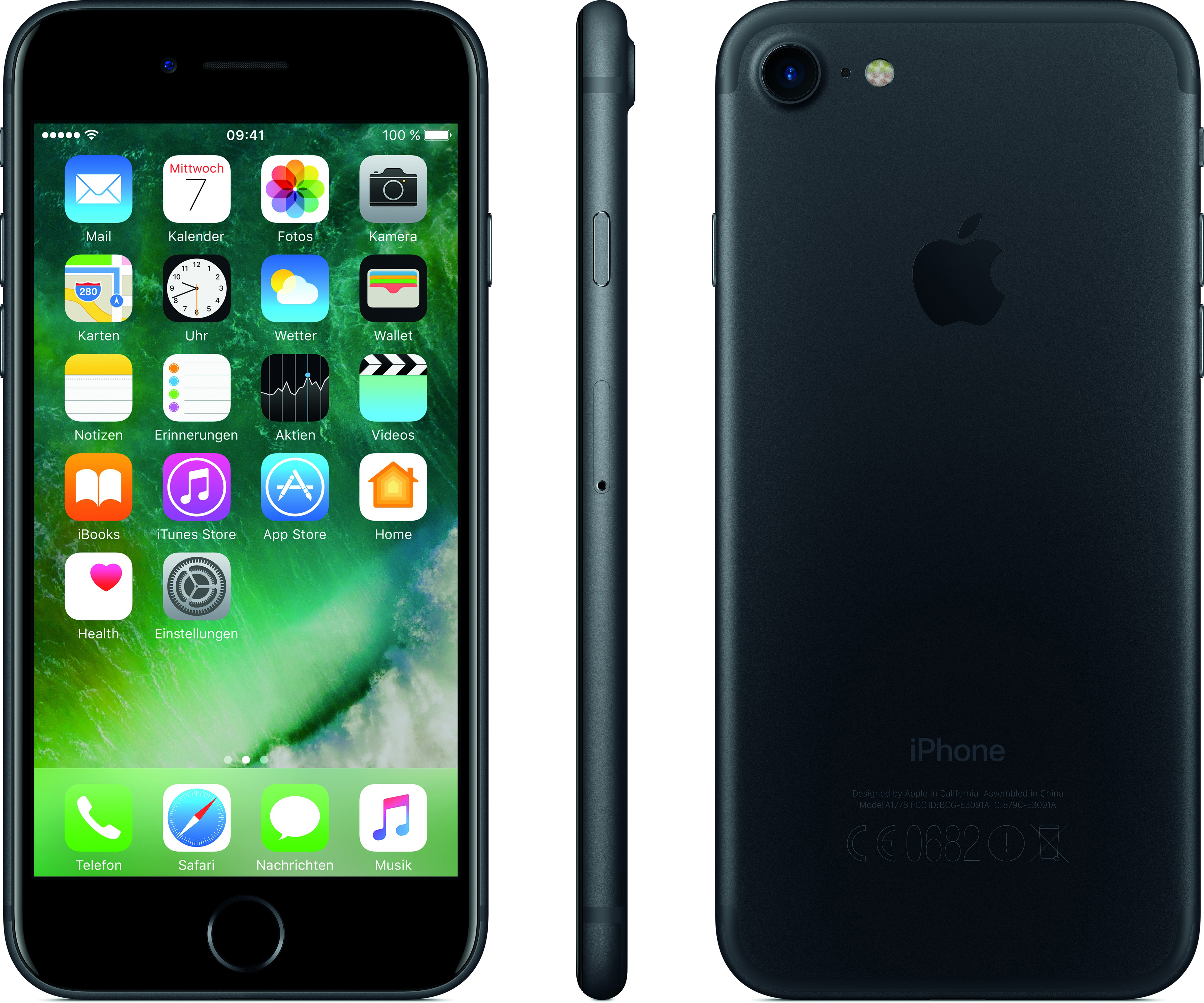 Schwarzes iPhone mit Frontbildschirm mit Apps, Seitenansicht mit Tasten und Rückseite mit Logo auf weißem Hintergrund.
