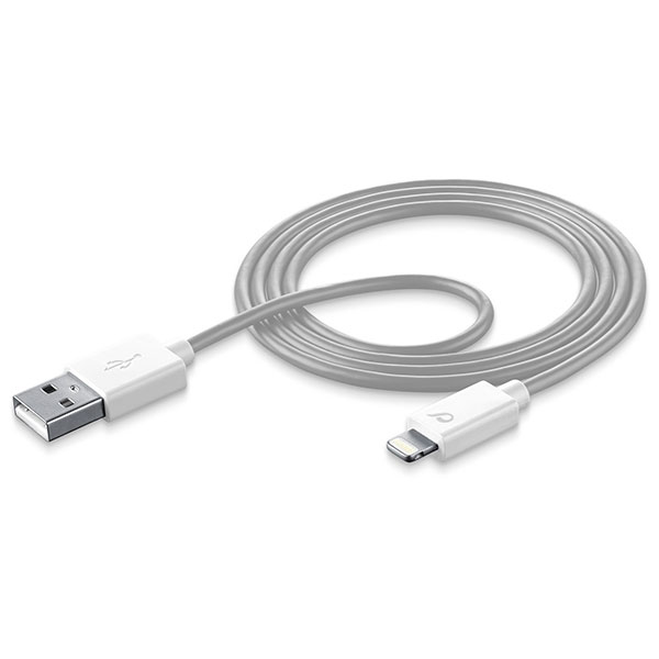 Câble USB argenté enroulé avec un connecteur Lightning. Fond blanc.