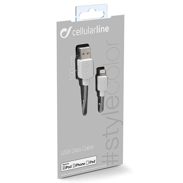 Câble de données USB blanc dans un emballage gris. Le câble possède un connecteur USB et Lightning.