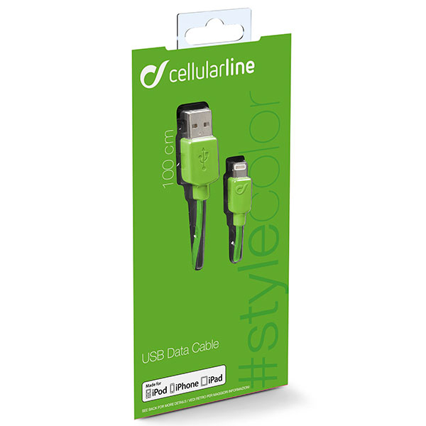 Cavo dati USB verde e bianco in una scatola verde. La scatola include il marchio e il tipo di cavo.