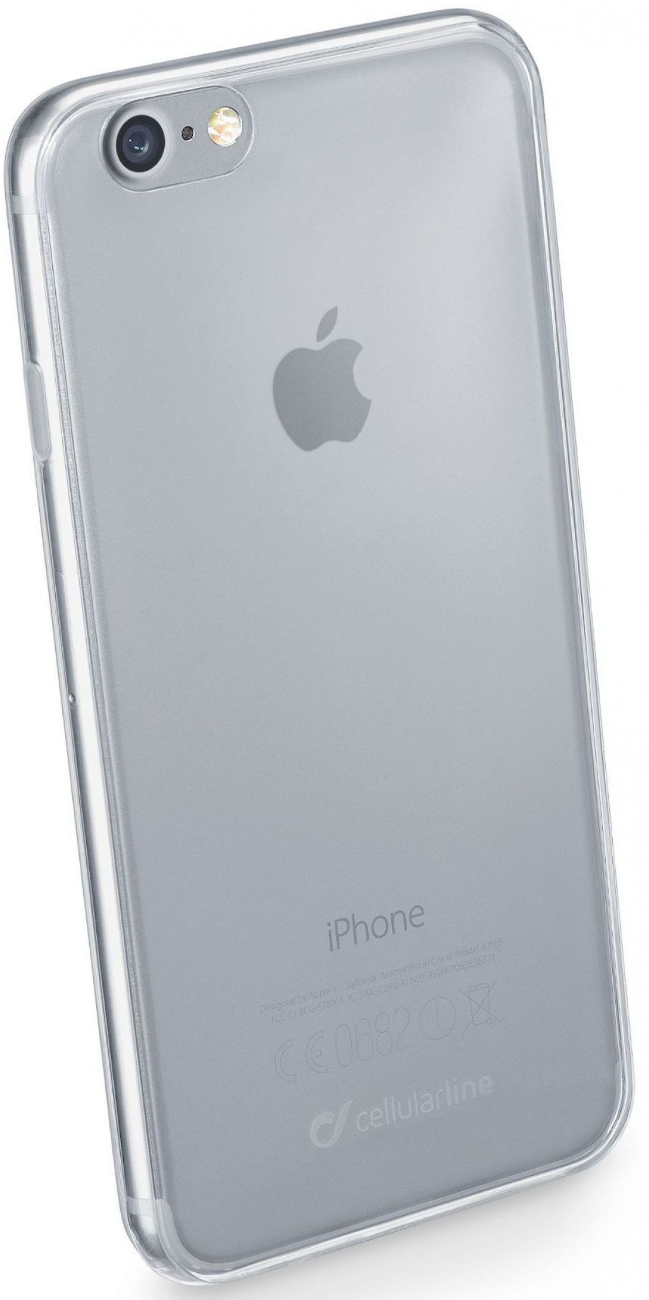 Een zilveren iPhone, met een doorzichtige hoes, staat iets schuin. Het Apple-logo en de camera zijn zichtbaar.