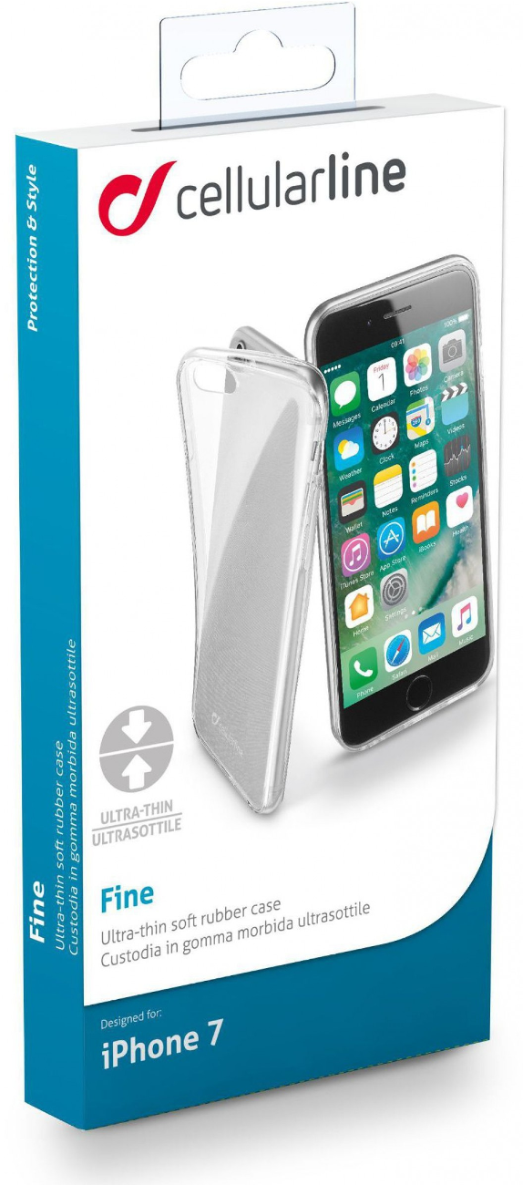 Transparante telefoonhoes in een doos. De doos heeft tekst en is blauw en wit. Een telefoon is zichtbaar.