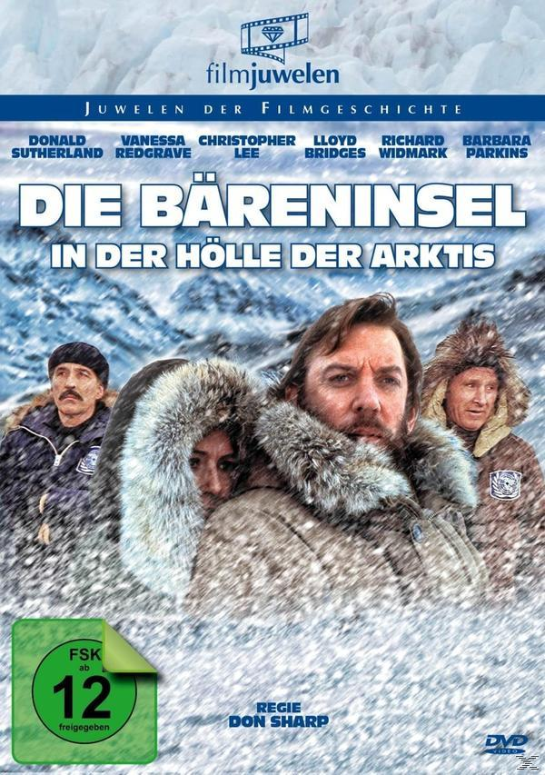 Filmcover mit drei Männern in Winterkleidung, Schnee und dem Titel 'Die Bäreninsel'.