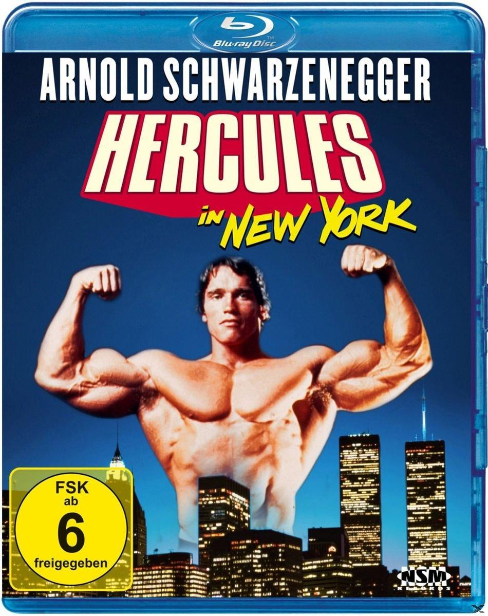 Filmposter mit Arnold Schwarzenegger, der seine Muskeln anspannt. Der Filmtitel lautet 'Hercules in New York'.