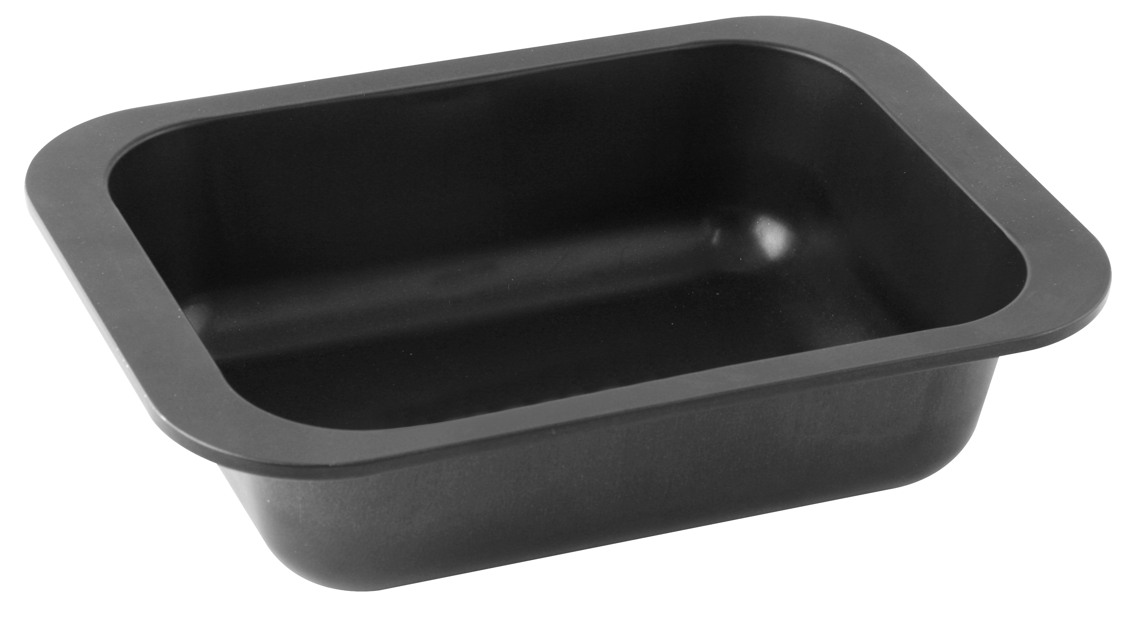 Schwarze Backform. Rechteckige Form mit abgerundeten Ecken. Dunkler Hintergrund.