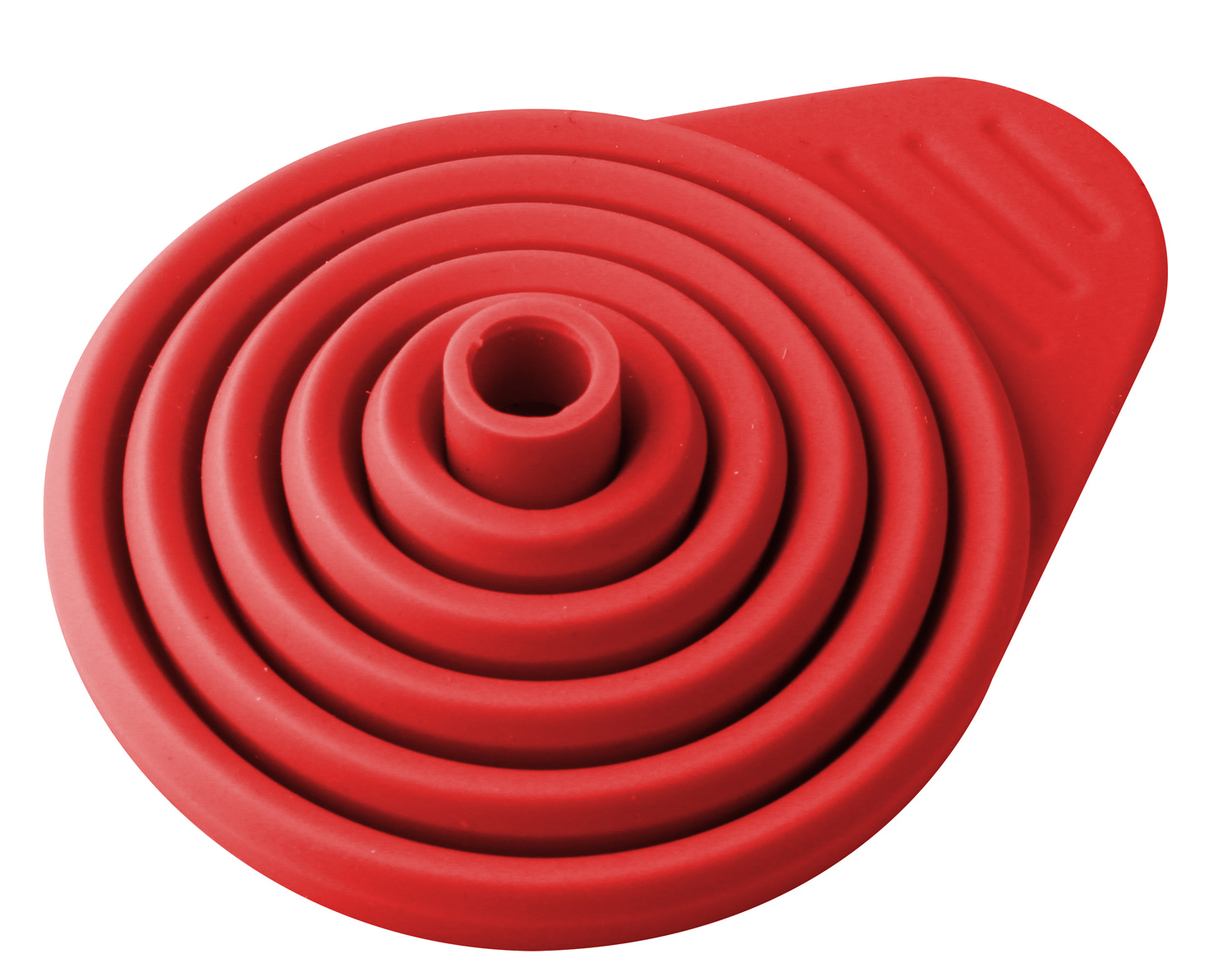 Ein roter, zusammenklappbarer Silikontrichter auf weißem Hintergrund. Er hat die Form einer Spirale.