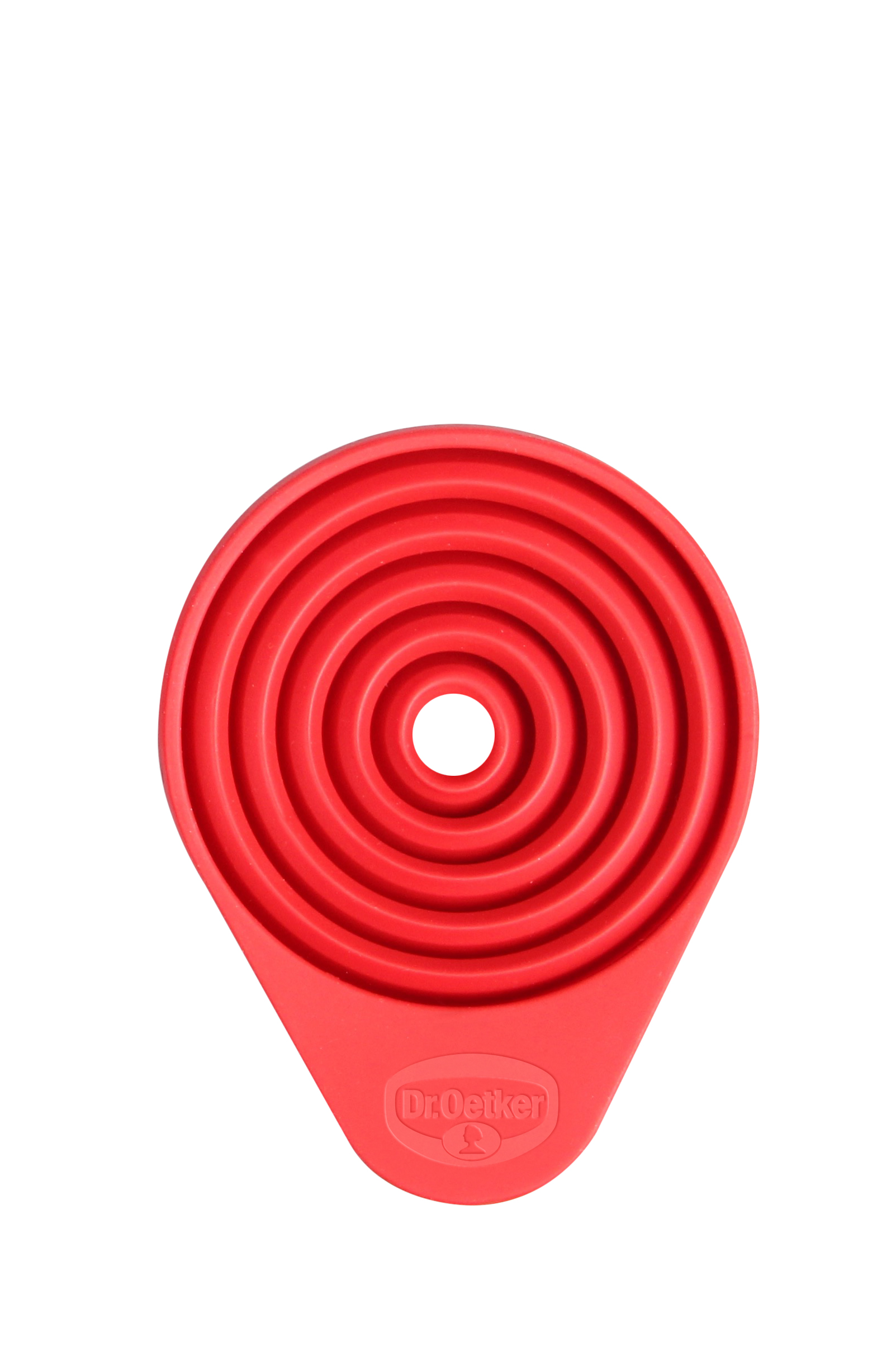 Roter Silikon-Topfuntersetzer mit zentralem Loch. Kreisförmiges Design. Einfacher weißer Hintergrund.