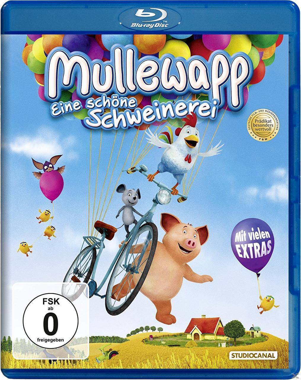 Cartoon DVD-Cover mit Schwein, Huhn, Maus auf Fahrrädern, über einem Feld schwebend. Titel: Mullewapp.