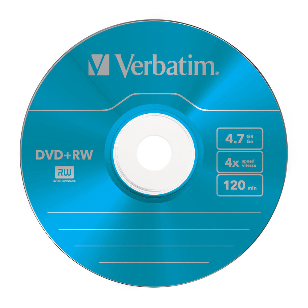 Eine blaue Verbatim DVD+RW-Disc mit Text und Spezifikationen auf der Oberfläche.