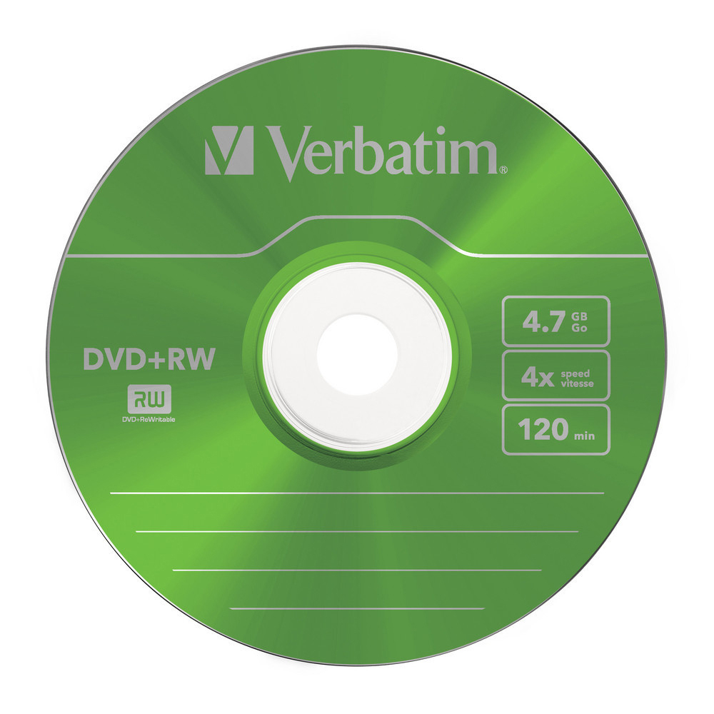 Eine grüne DVD+RW-Disc mit Text und einem weißen Zentrum. Sie zeigt 4,7 GB, 4x Geschwindigkeit und 120 min.
