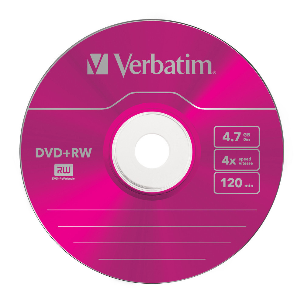 Rosa Verbatim DVD+RW-Disc mit Text und Markierungen auf weißem Hintergrund.