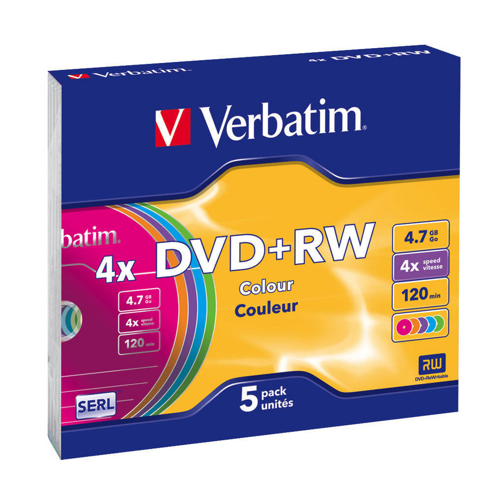 Verbatim DVD+RW-Pack mit 5 Einheiten. Die Hülle ist blau, gelb und pink.