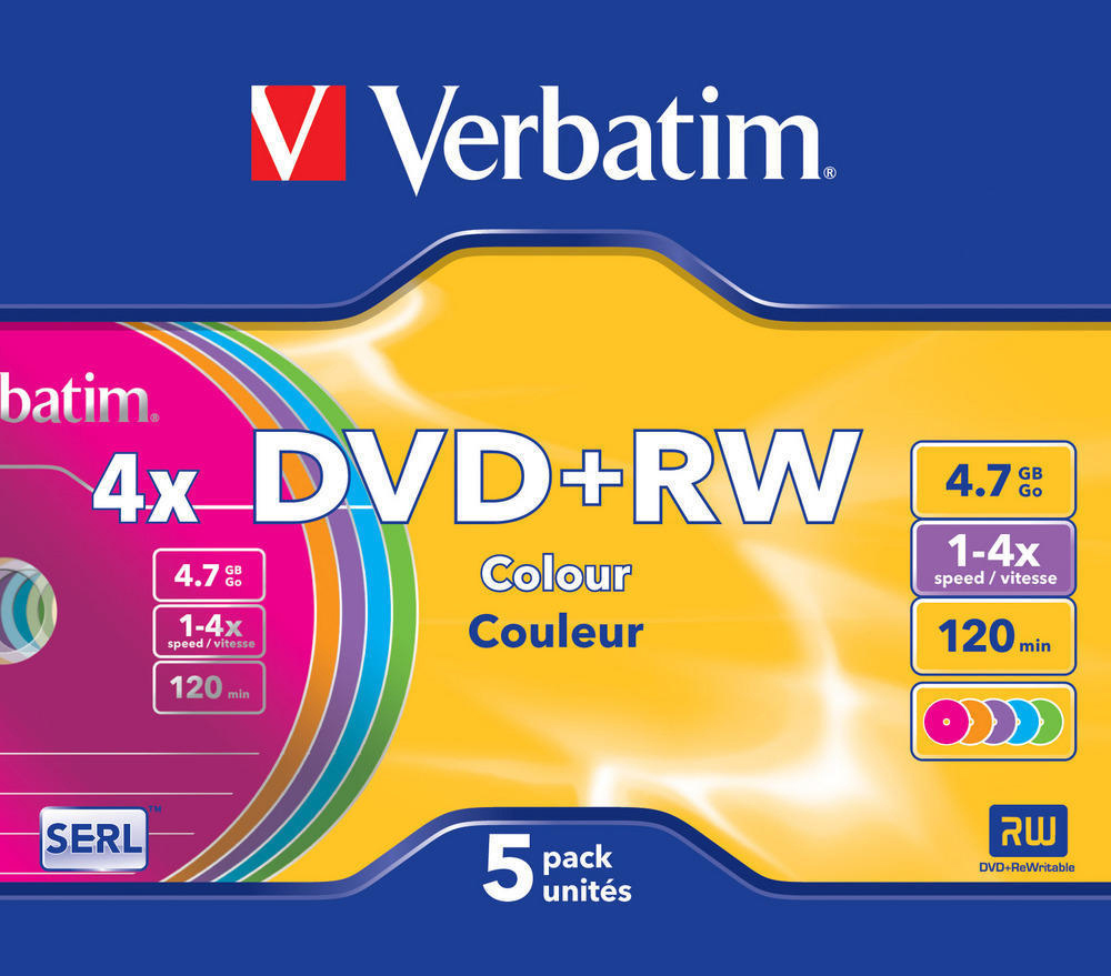Verbatim DVD+RW 5er-Pack. Gelber Hintergrund mit blauen und rosa Akzenten. Text enthält 4x DVD+RW, 4,7 GB, 120 Min. und andere Infos.