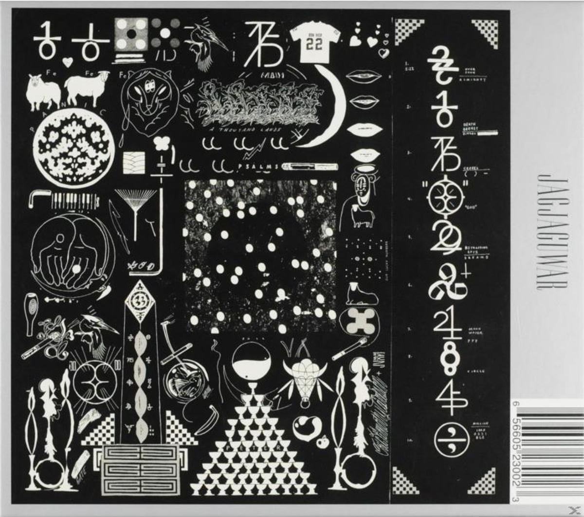 Albumcover mit verschiedenen Schwarz-Weiß-Illustrationen und Text, mit schwarzem Hintergrund. Viele kleine Zeichnungen.