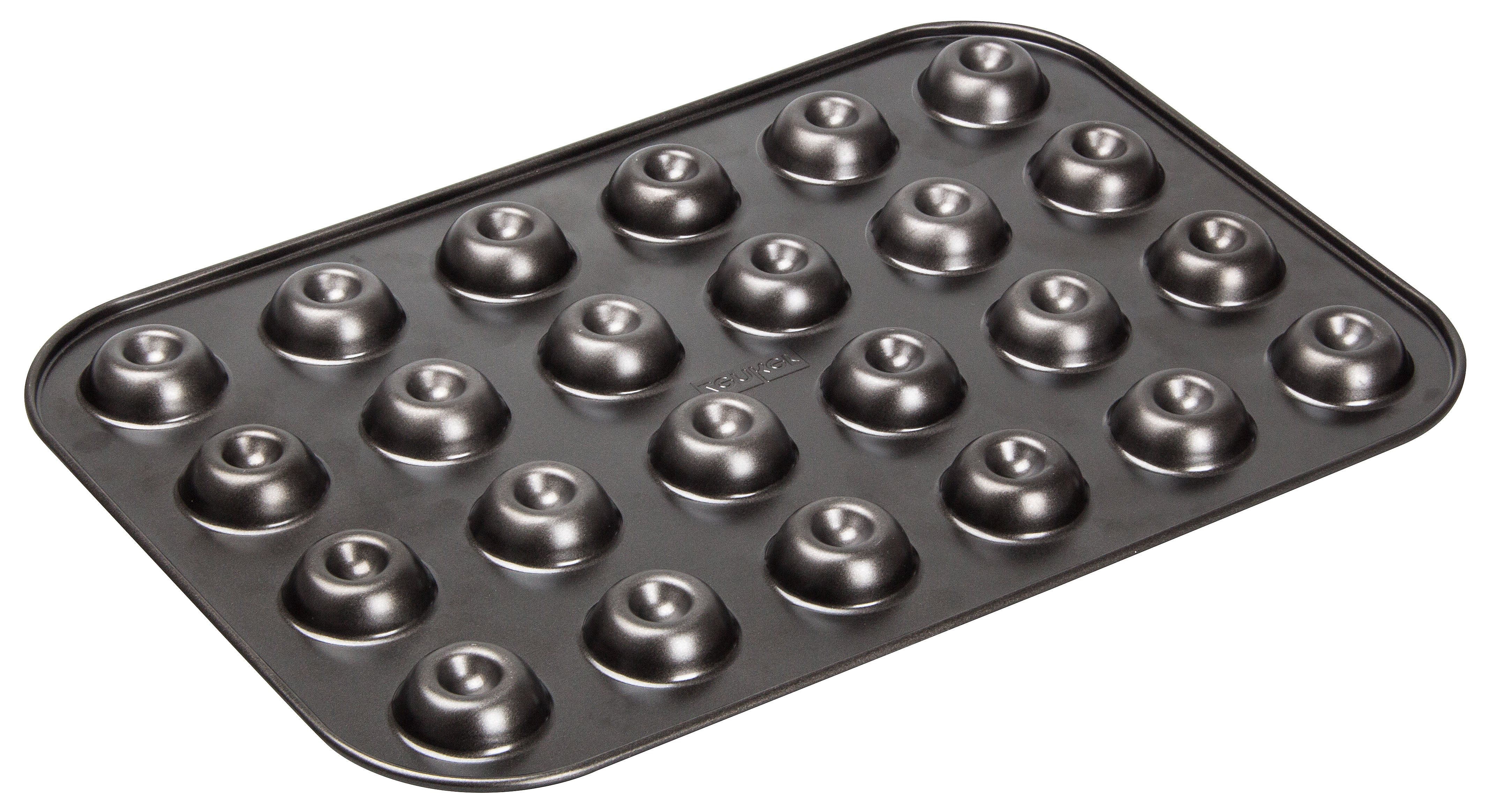 Ein Backblech aus Metall mit mehreren runden Formen zum Backen.