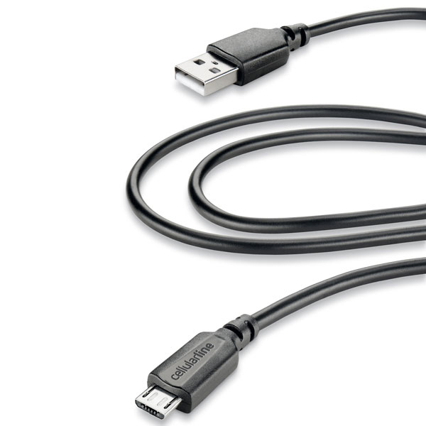 Un cavo USB nero con due connettori, un USB standard e un micro USB, su sfondo bianco.
