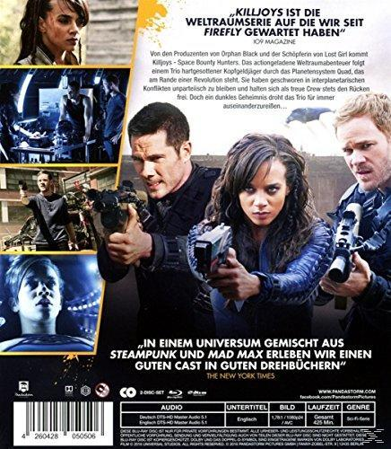 Film-Rückseite mit drei Personen, die Waffen halten, mit Text über den Inhalt des Films.