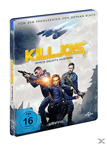 DVD-Cover von Killjoys. Drei Personen mit Waffen, Raumschiff und Titel. Blauer Einband mit FSK 16.