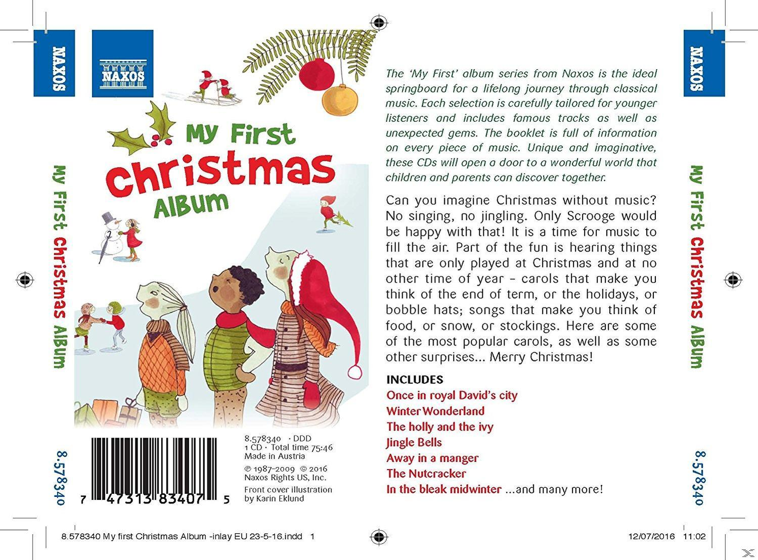 CD-Cover mit Kindern und Weihnachtsthema, Text "My First Christmas Album".