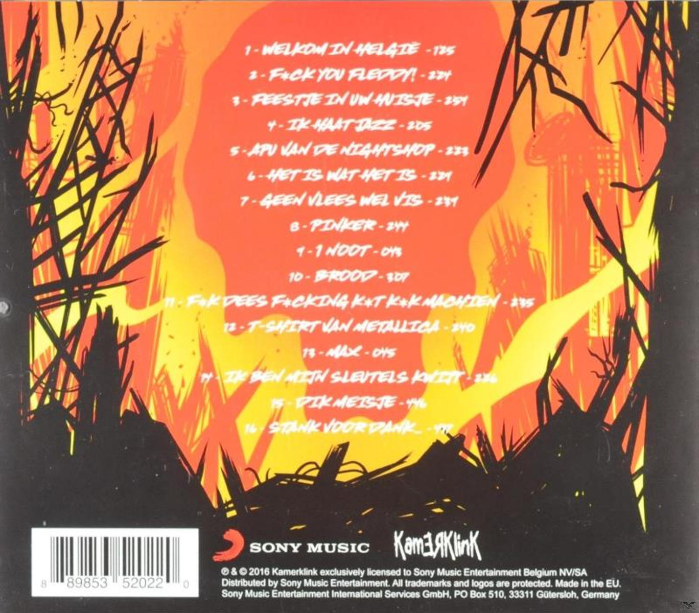 Pochette arrière du CD avec des titres de chansons en néerlandais, avec une palette de couleurs rouge et orange.