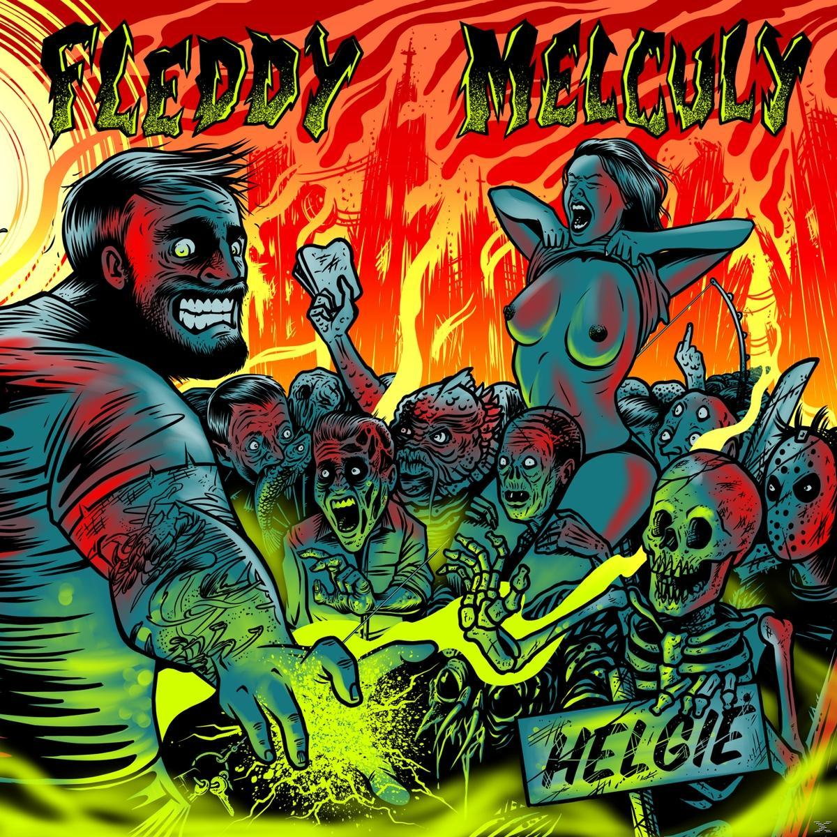 Pochette d'album avec monstre et femme. Style cartoon, couleurs vives. Thème violent.