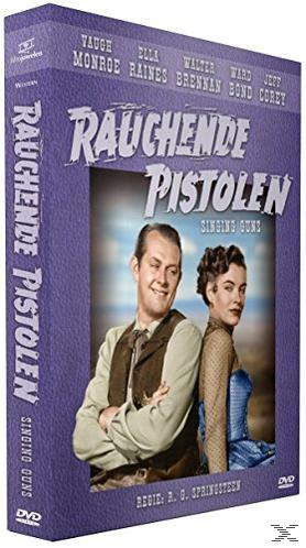 DVD-Cover mit einem Mann und einer Frau, der Titel lautet 'RAUCHENDE PISTOLEN', lila Hintergrund.