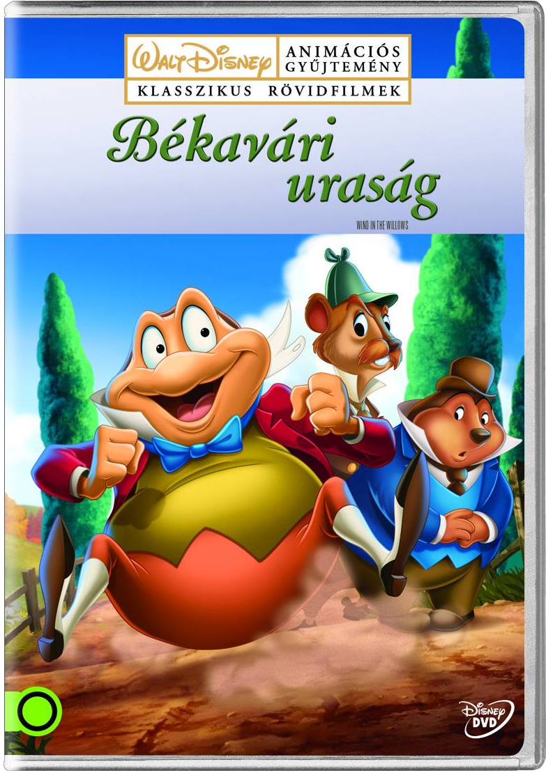 DVD borító. Rajzfilmfigurák a Szél a fűzfákban-ból. Kék ég, zöld fű.