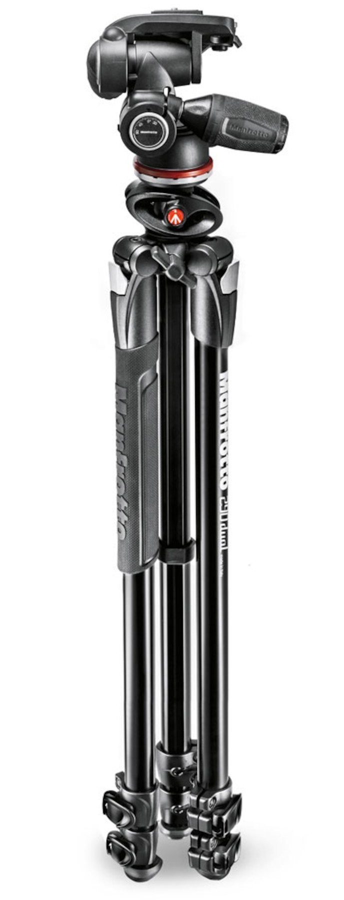 Ein professionelles schwarzes Stativ mit Manfrotto-Kopf.