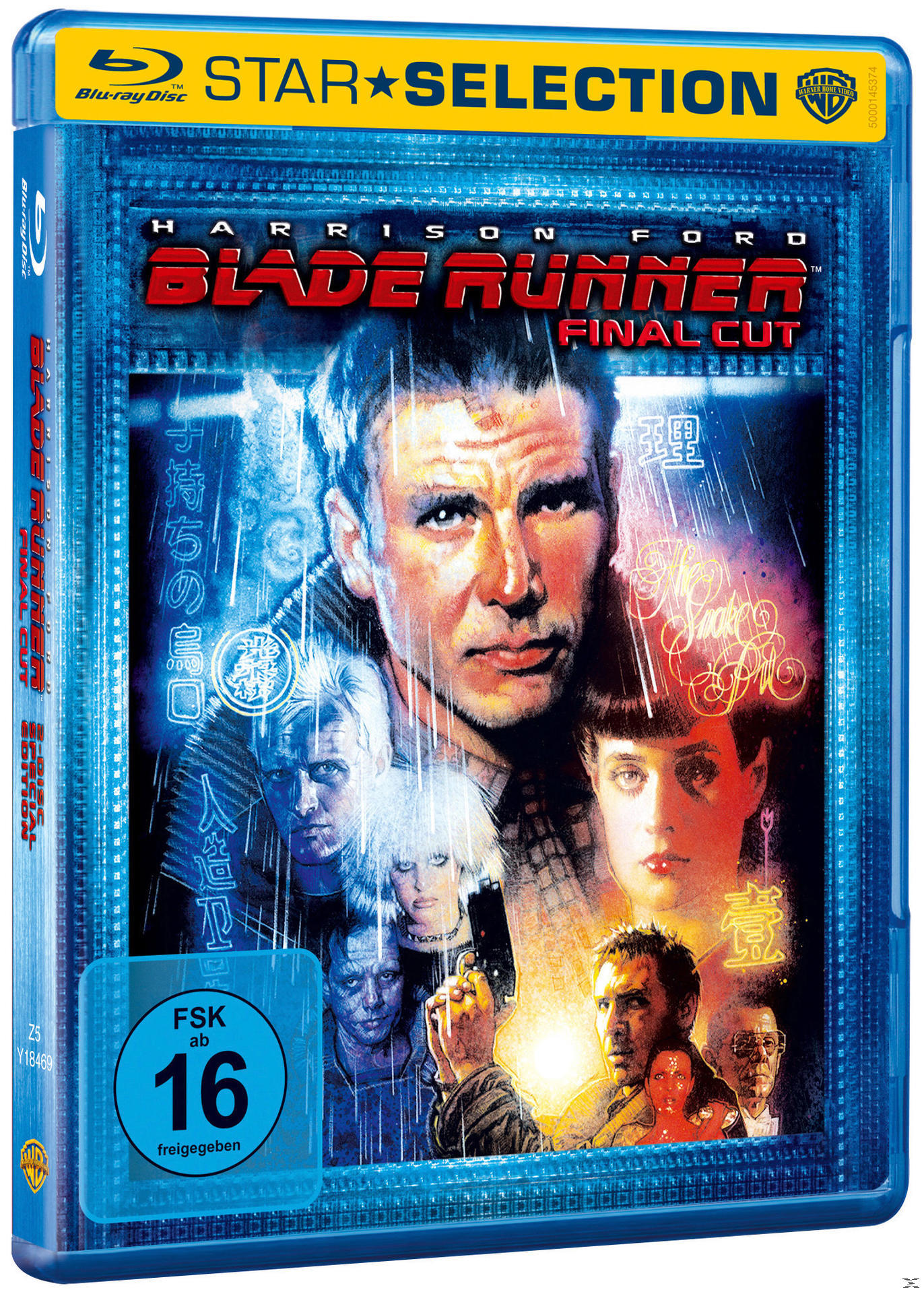 Blu-ray-Filmcover von "Blade Runner". Mit Harrison Ford und anderen Schauspielern. Blaue und rote Töne.
