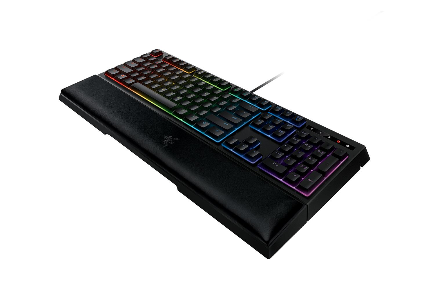 Eine schwarze Razer-Tastatur mit Regenbogenbeleuchtung. Sie hat eine Handgelenkauflage. Der Hintergrund ist schwarz und weiß.