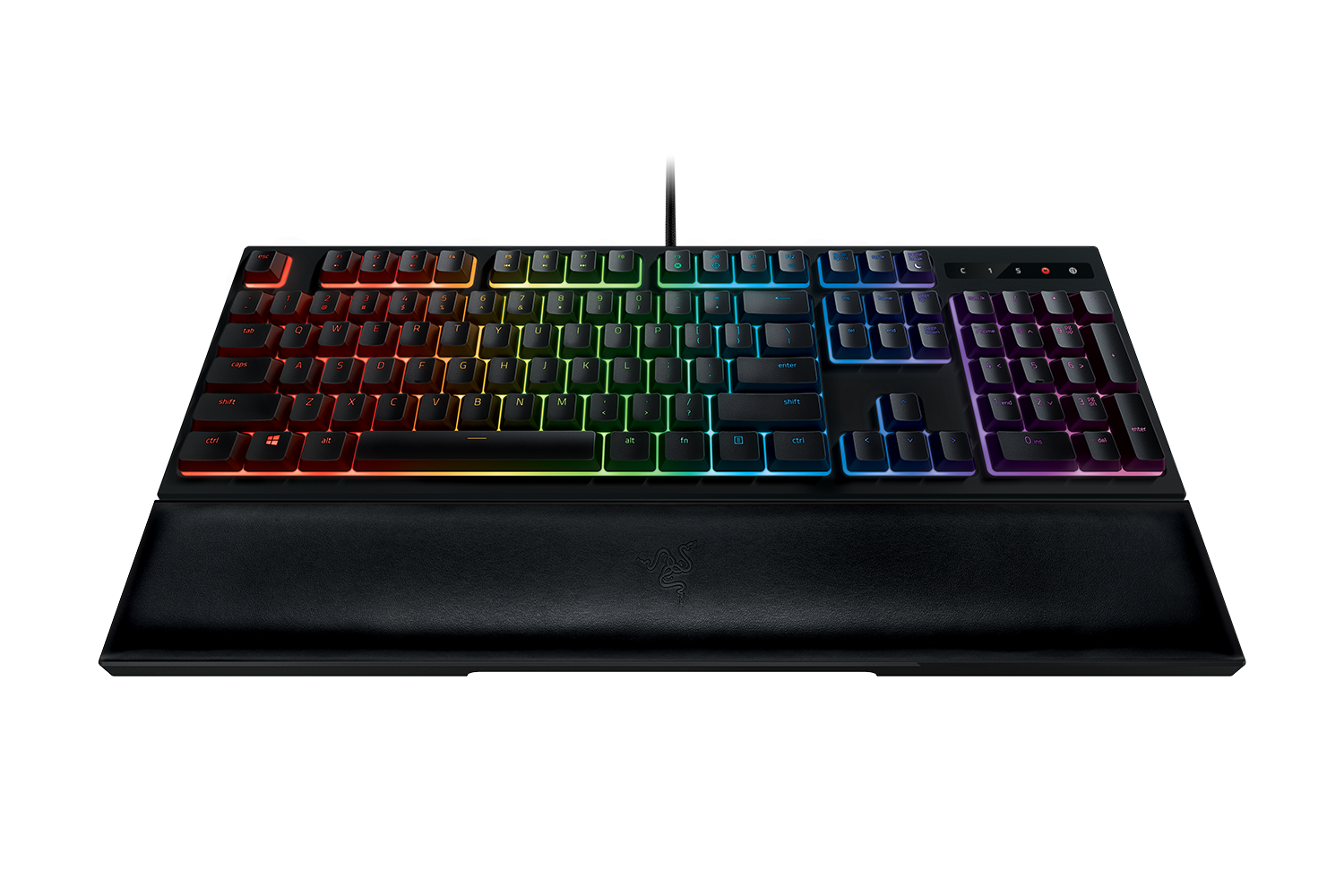 Eine schwarze Razer-Tastatur mit bunten Tasten mit Hintergrundbeleuchtung und einer Handballenauflage. Der Hintergrund ist farblich abgestuft.