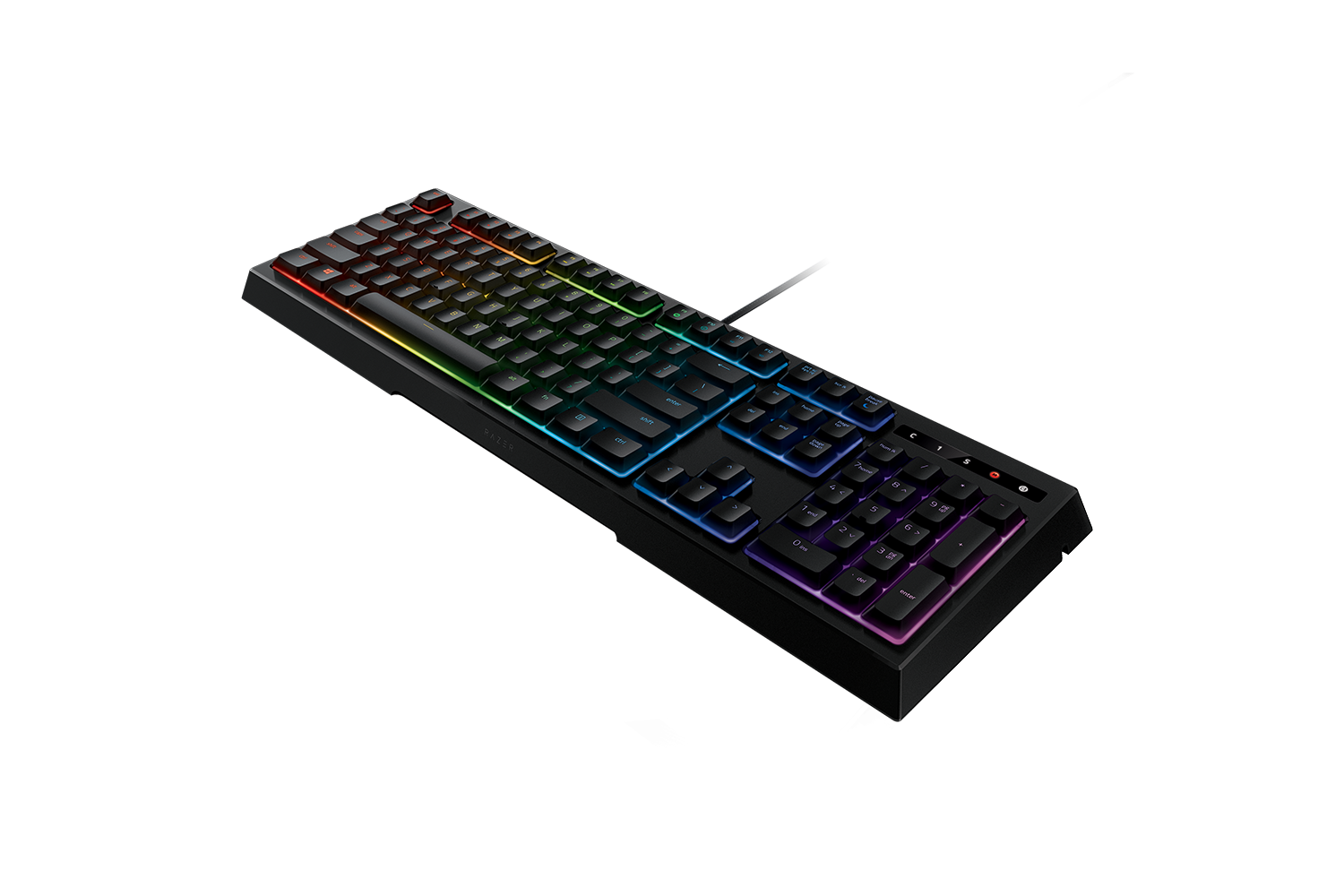 Schwarze Razer-Tastatur mit beleuchteten, mehrfarbigen Tasten. Die Tastatur ist abgewinkelt und zeigt die Tasten und das Razer-Logo.