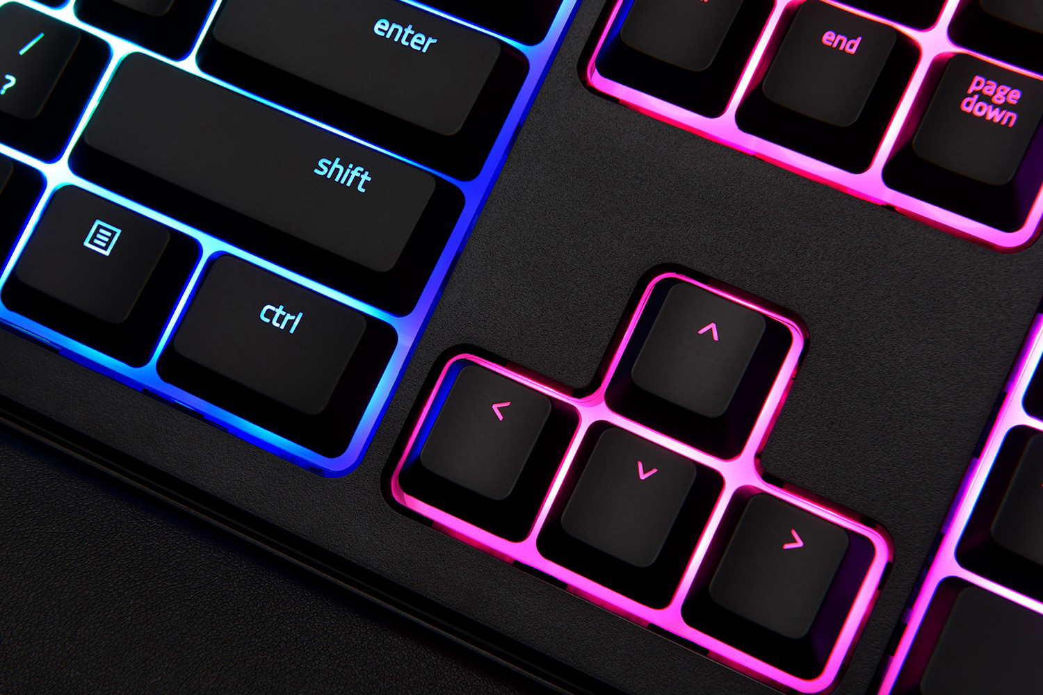 Nahaufnahme einer beleuchteten Tastatur. Tasten wie Shift, Strg, Eingabe und Pfeiltasten sind sichtbar. Die Beleuchtung ist blau und pink.