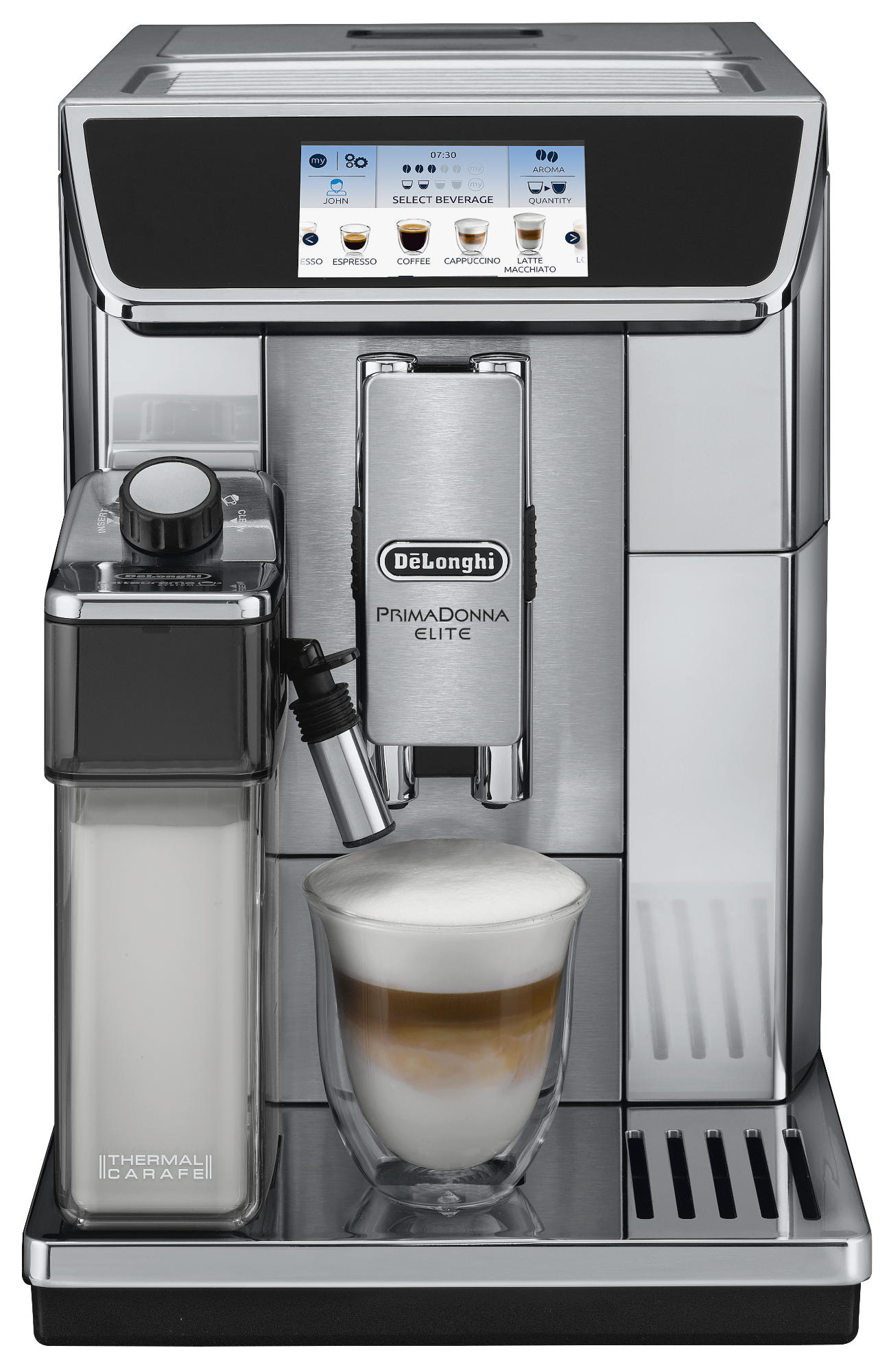A De'Longhi PrimaDonna Elite coffee machine with a glass of latte macchiato. Milk carafe and touch screen are visible.