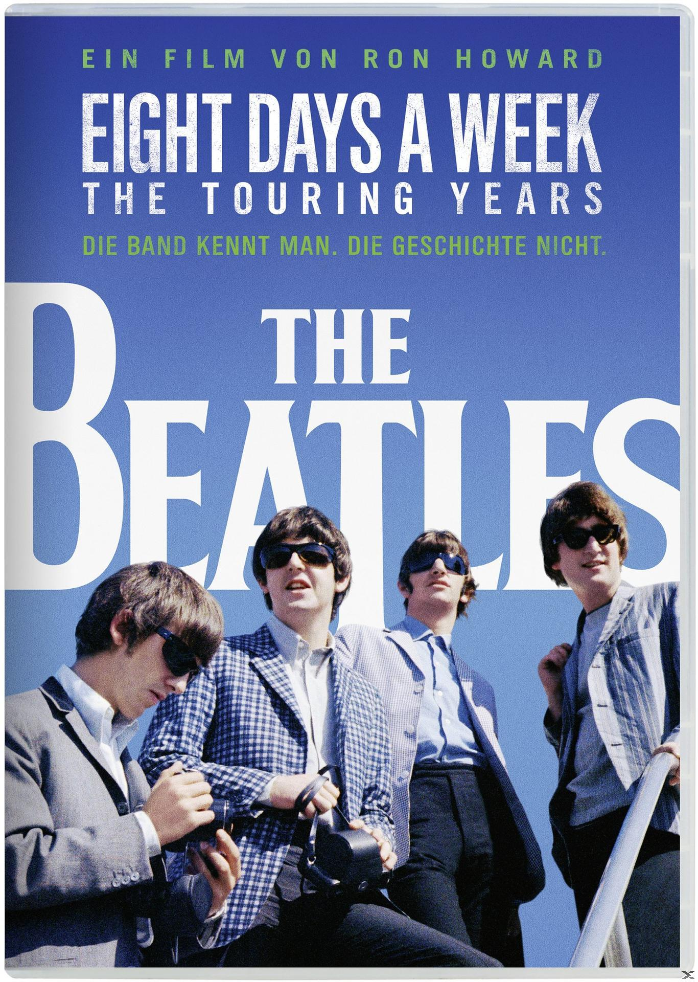 DVD-Cover mit den Beatles auf blauem Hintergrund, Filmtitel ist 'Eight Days A Week'.