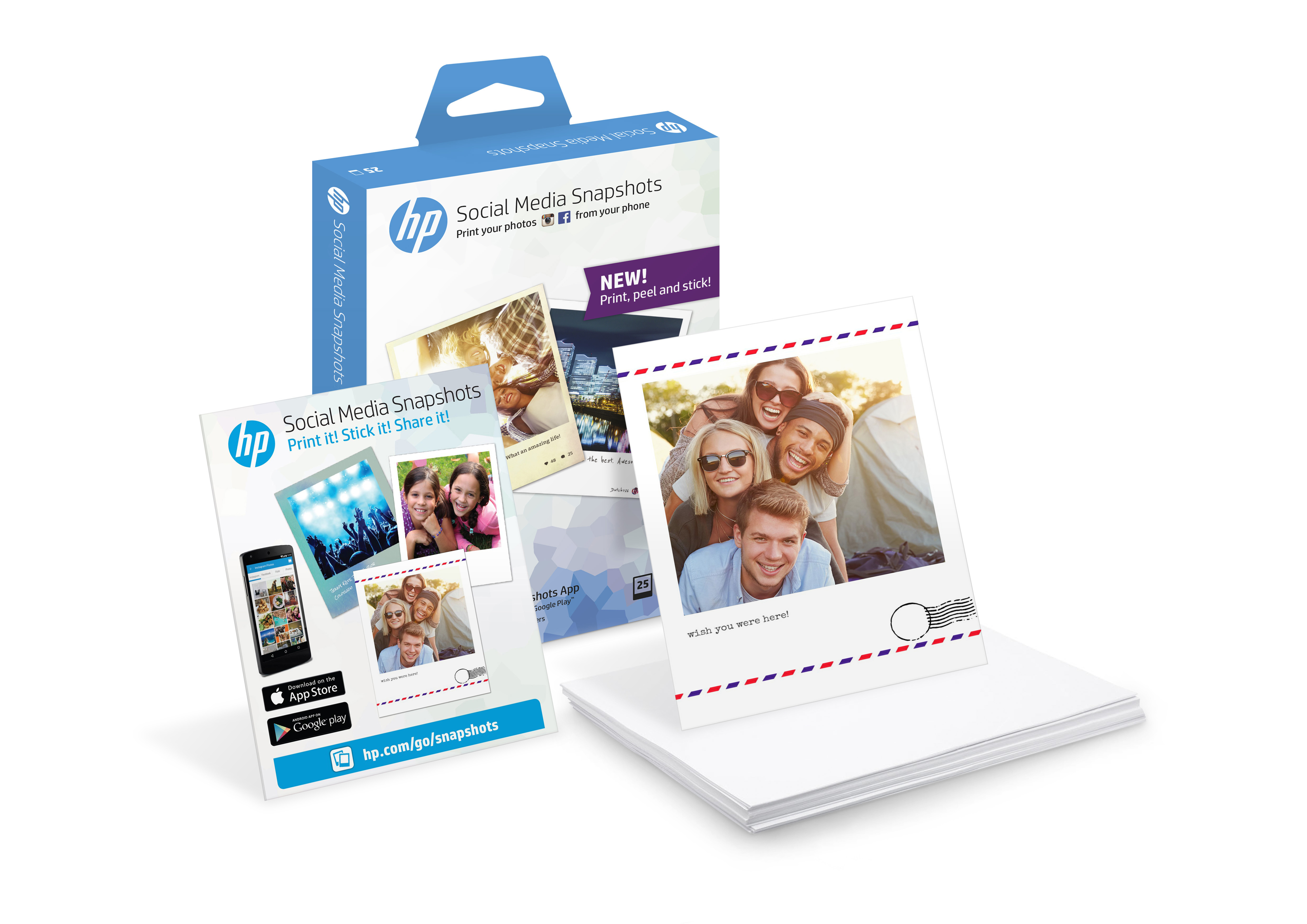HP Social Media Snapshots Box mit Fotos und einem Stapel Ausdrucke.