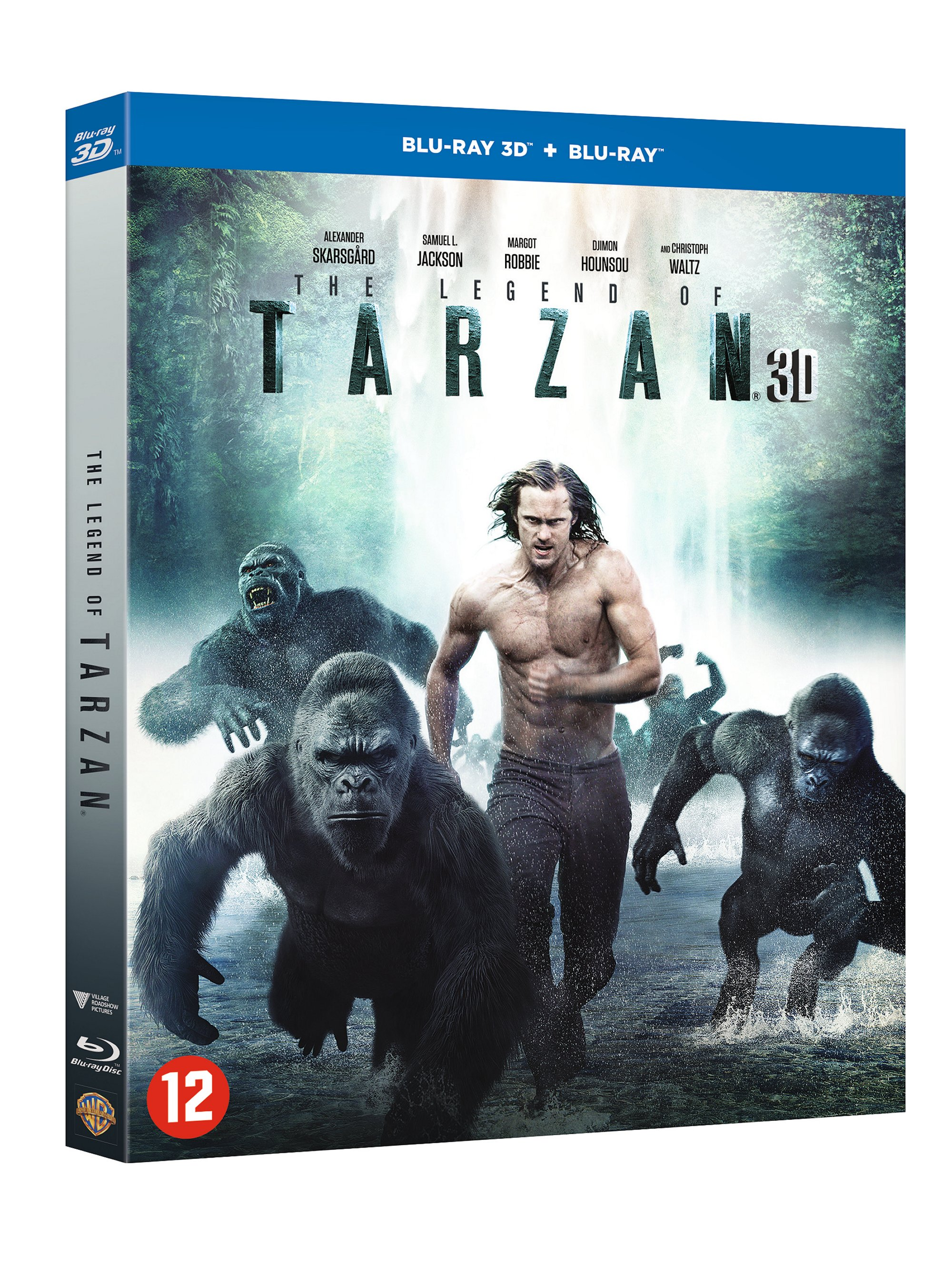 Boîtier de film Blu-ray 3D avec Tarzan et gorilles. Fond bleu et blanc.
