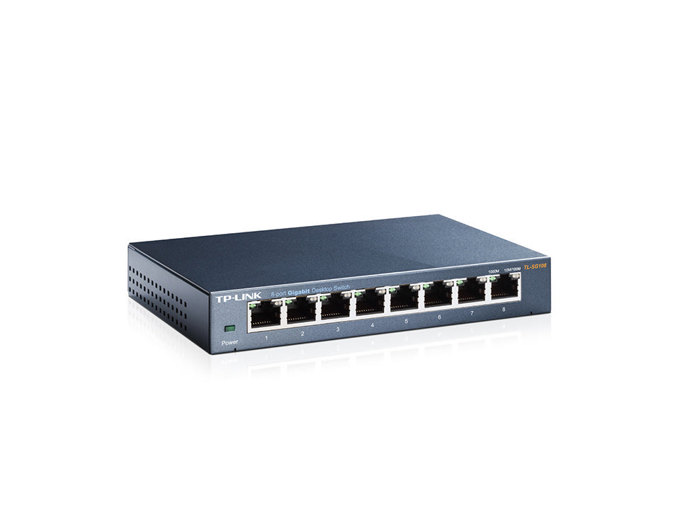 Beyaz arka plan üzerinde siyah bir TP-LINK 8 portlu Gigabit Masaüstü Anahtarı. Işıklar ağ etkinliğini gösterir.