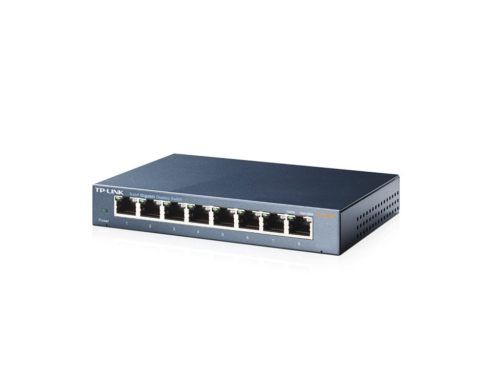 Beyaz bir arka plan üzerinde siyah bir TP-Link 8-port Gigabit Masaüstü Anahtarı.