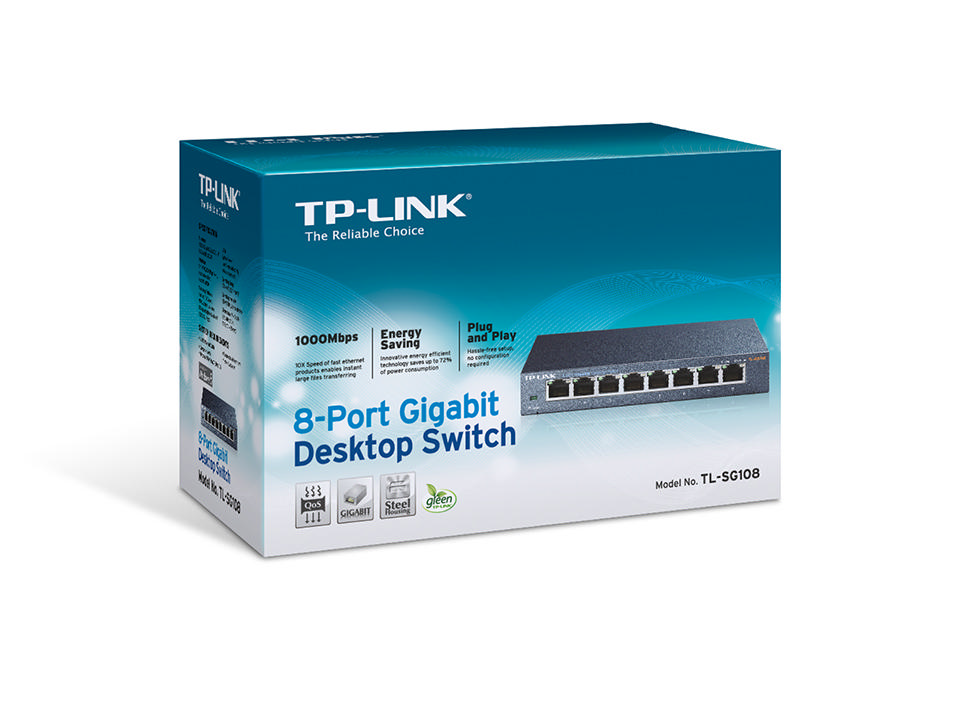 8 portlu Gigabit masaüstü anahtar için kutu. Beyaz arka plan. Ürün açıklaması ile mavi kutu.