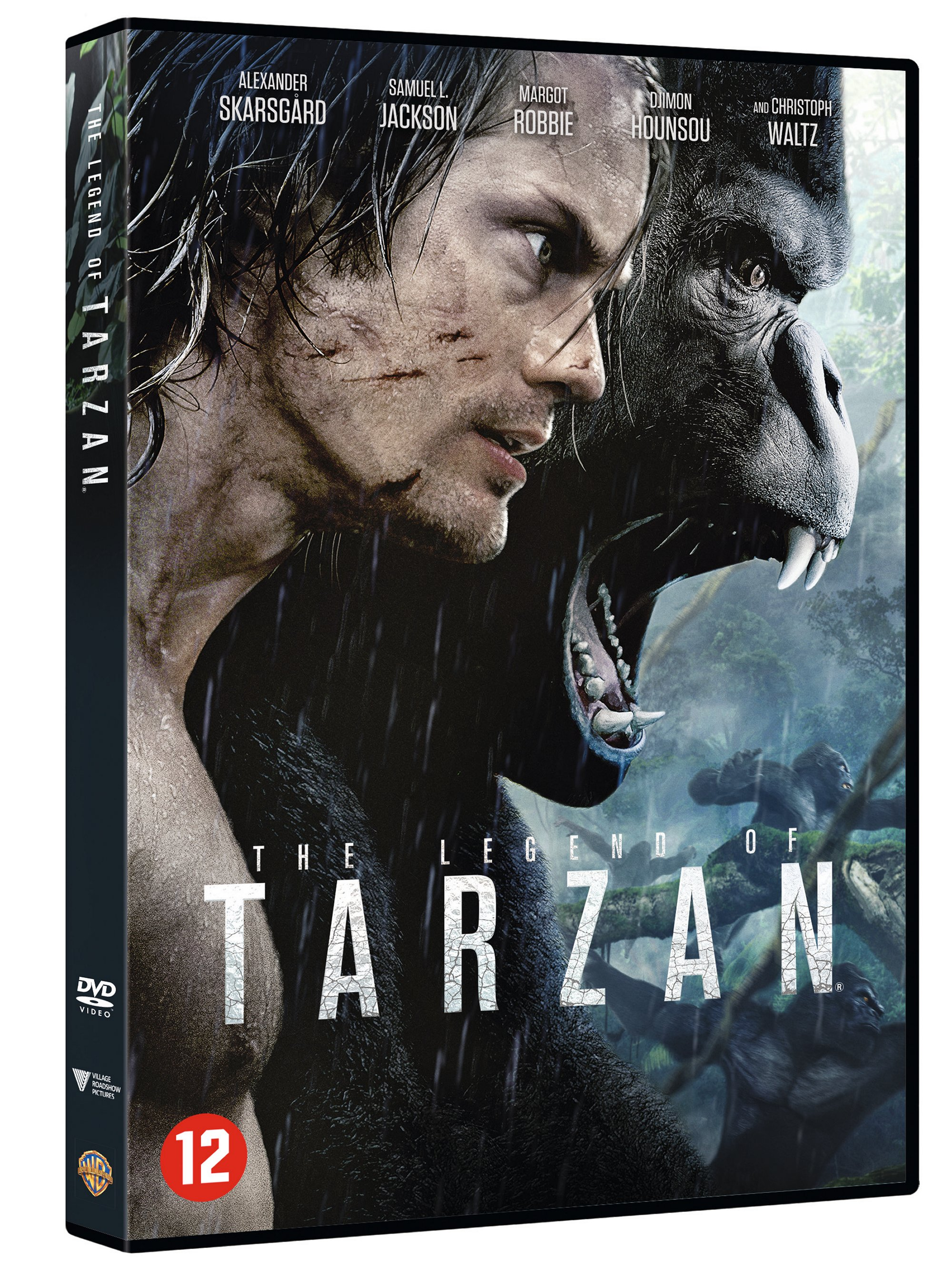 Couverture DVD : Tarzan et un gorille, avec les noms des acteurs. The Legend of Tarzan.