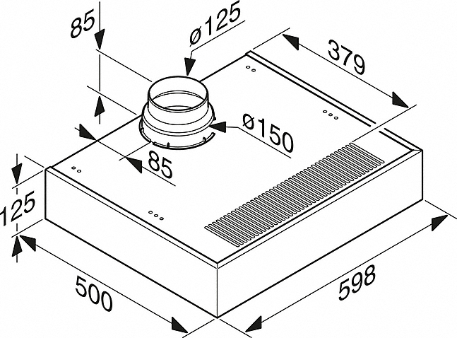 Isometrische Ansicht Diagramm einer rechteckigen Metall-Lüftungshaube mit Maßen und zylindrischer Öffnung.