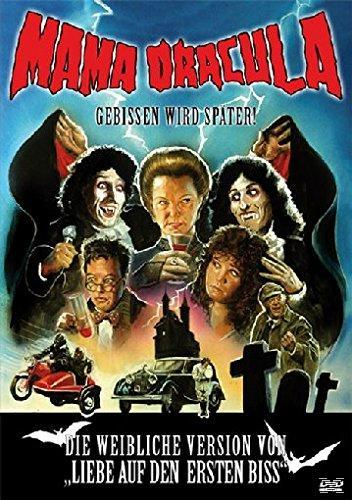 Filmplakat. Mehrere als Vampire verkleidete Personen. Titel: 'Mama Dracula'. Slogan: 'Die weibliche Version von ...'