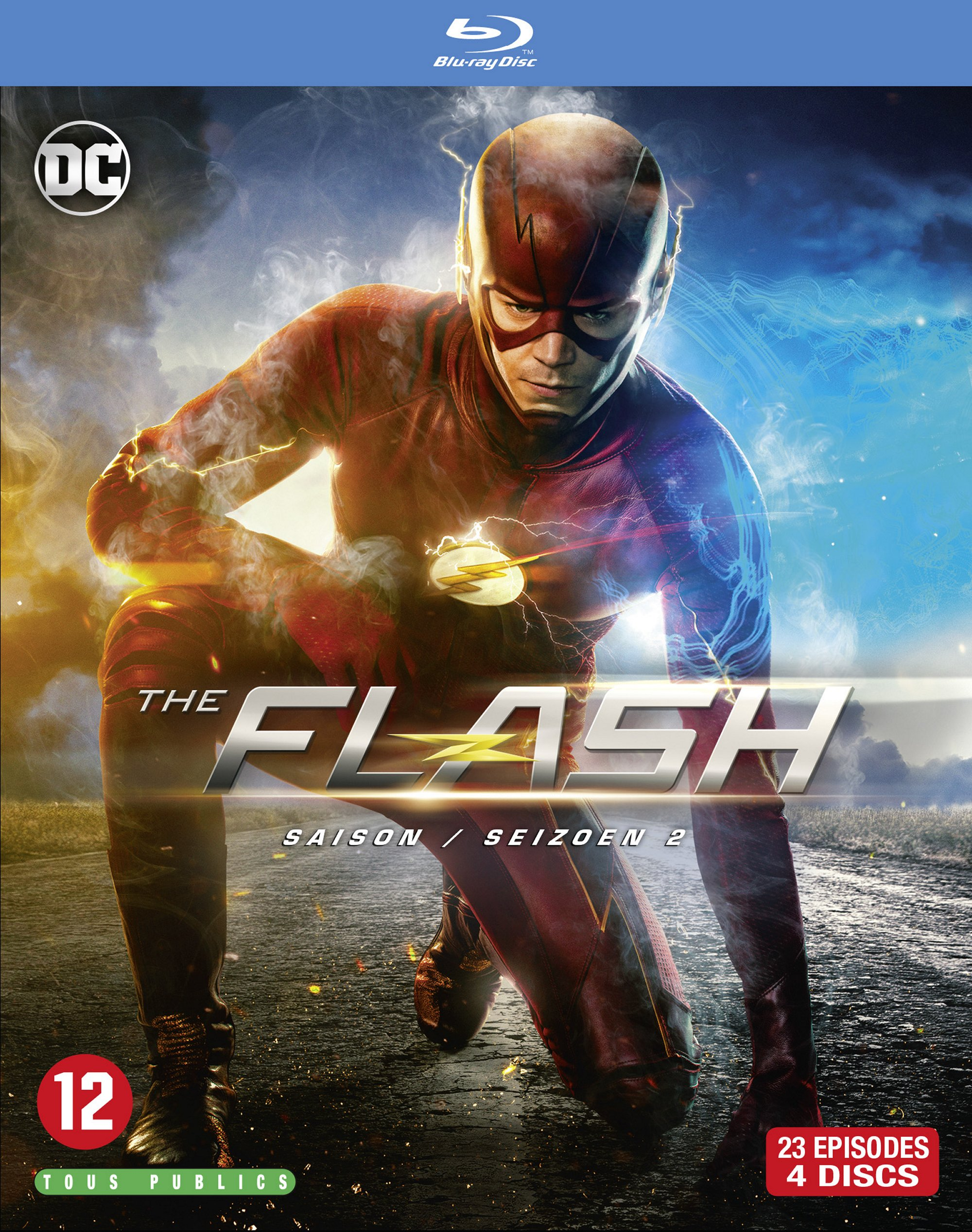 Couverture Blu-ray de The Flash saison 2 avec Flash en costume, titre et logos sur fond bleu.
