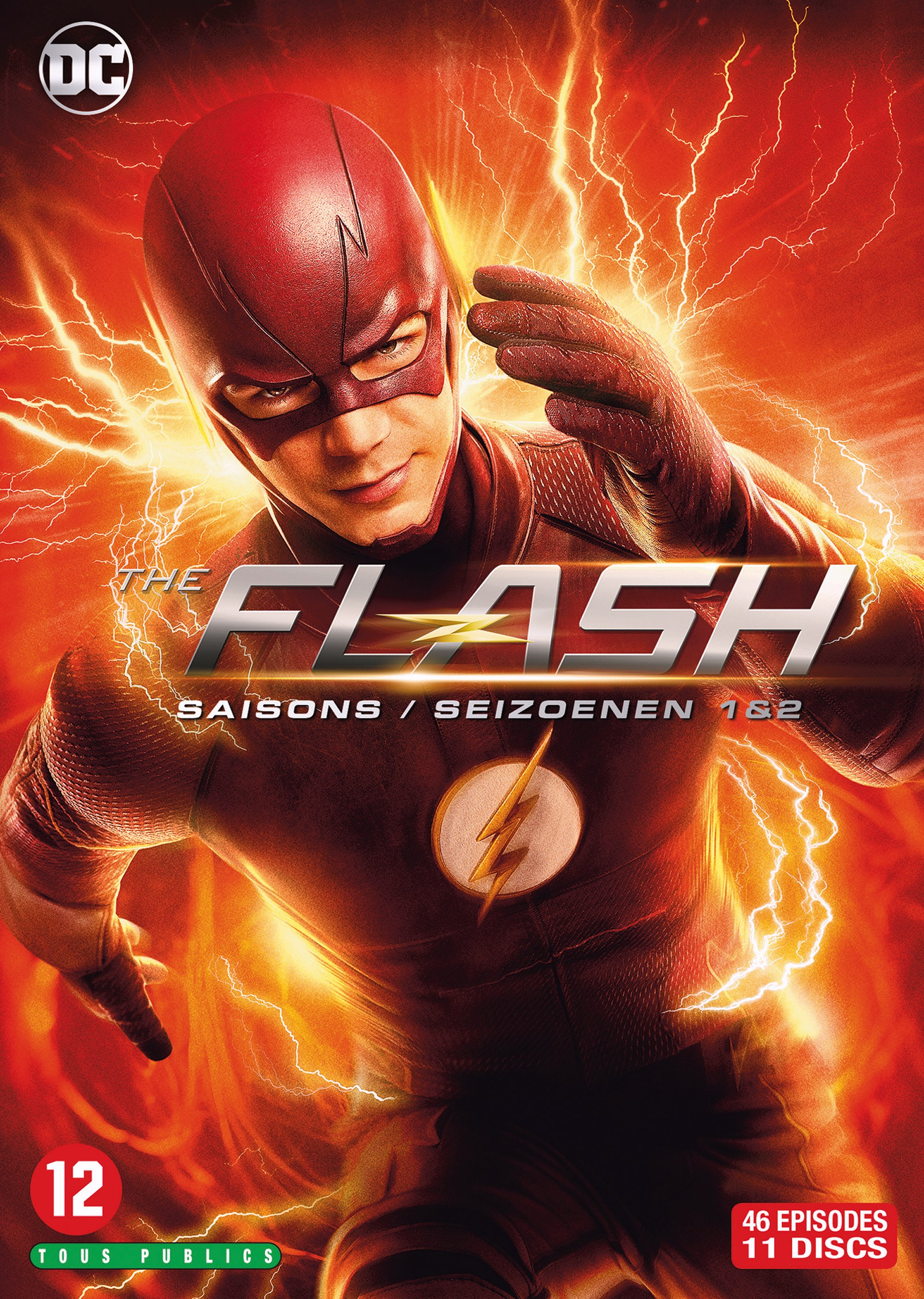 Couverture DVD de The Flash avec homme en costume rouge et titre. Effets d'éclairs présents.
