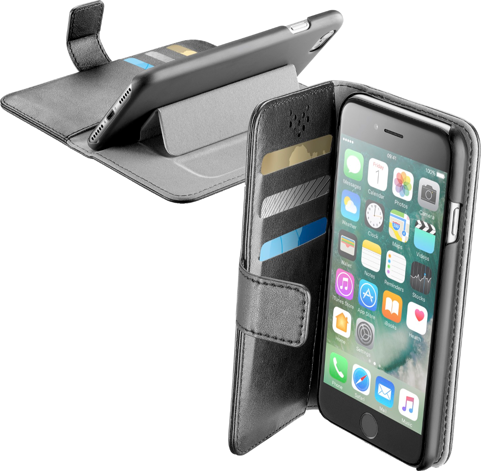 Étui de téléphone noir avec un téléphone à l'intérieur et une vue des icônes.