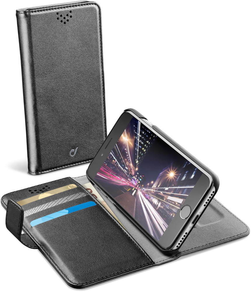 Étui de téléphone en cuir noir avec un téléphone à l'intérieur. Une fente pour cartes est visible.