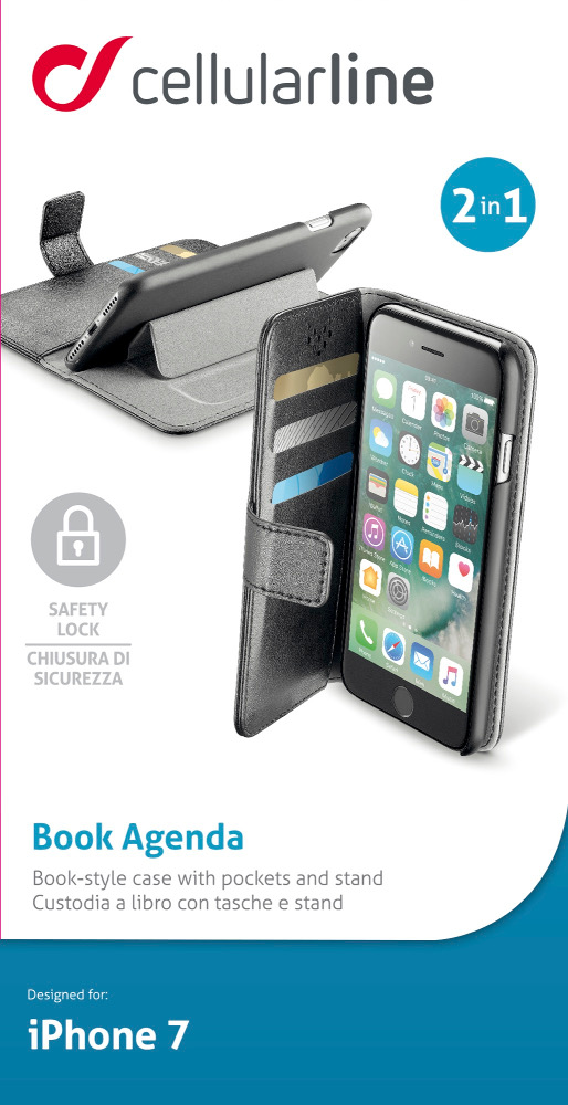 Étui Cellularline pour iPhone avec téléphone, ouvert et fermé. Étui noir avec emplacements pour cartes.